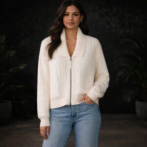 By Anthropologie SZ L Zip-Up Brushed Sweater Cardigan Wool Blend Soft Ivory $168